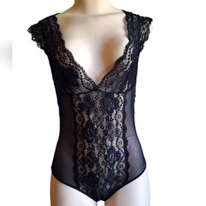 Sheer Floral Lace Bodysuit | Deep V Plunge | Size Medium